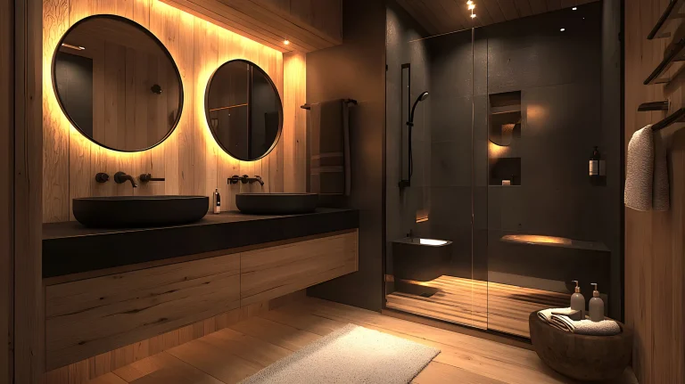 Timber double vanity with black basins and two backlit round mirrors in a dark bathroom
