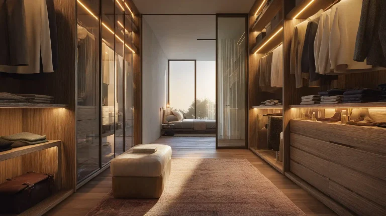 Walk-in dressing room with glass-fronted timber wardrobes, drawer banks and a central ottoman