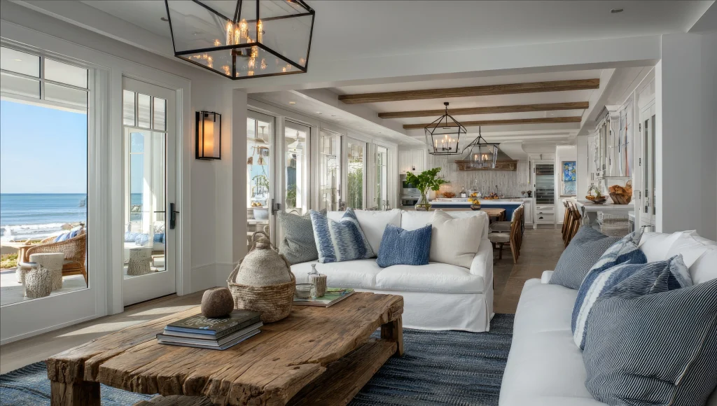 Coastal open-plan living room with white sofas, a timber coffee table and lantern pendants