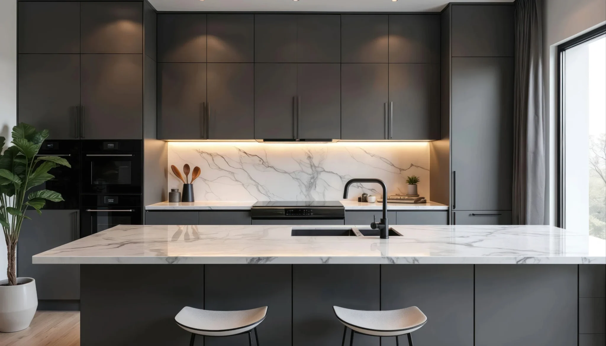 Dark Hawthorn kitchen with a marble waterfall island, black tapware and under-cabinet lighting