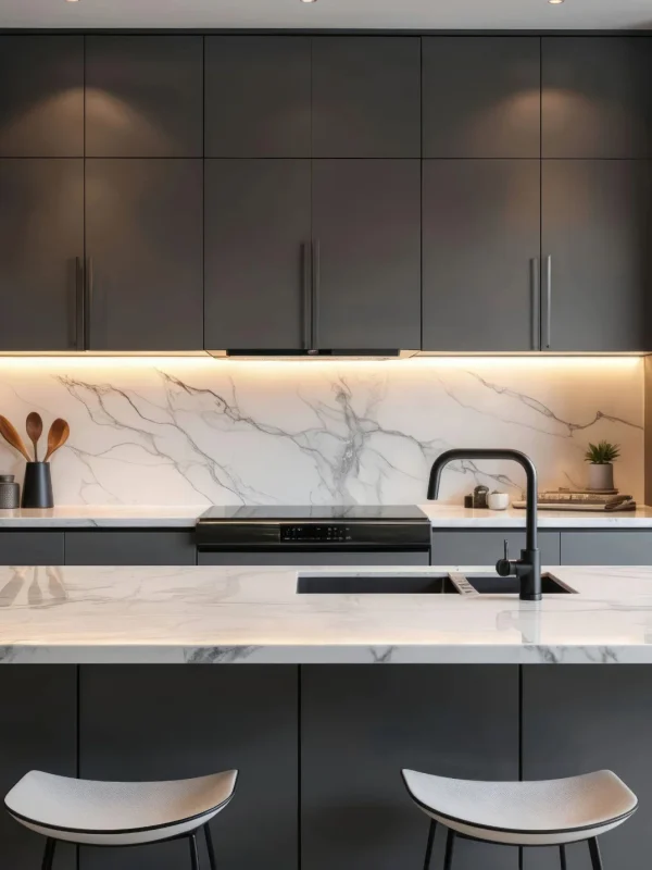 Dark Hawthorn kitchen with a marble waterfall island, black tapware and under-cabinet lighting