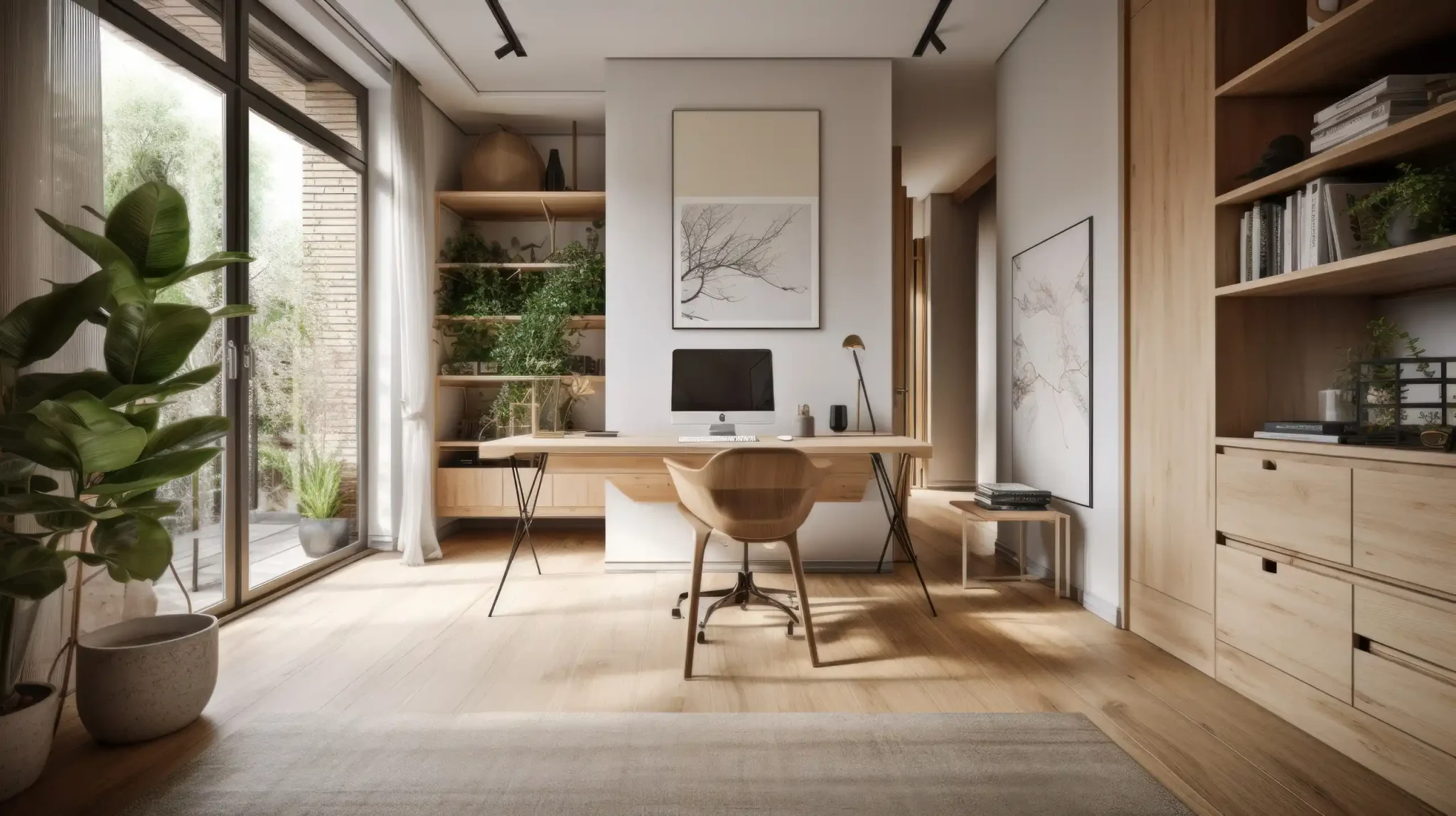 Minimalist home office with built-in timber shelving and a desk beside floor-to-ceiling windows