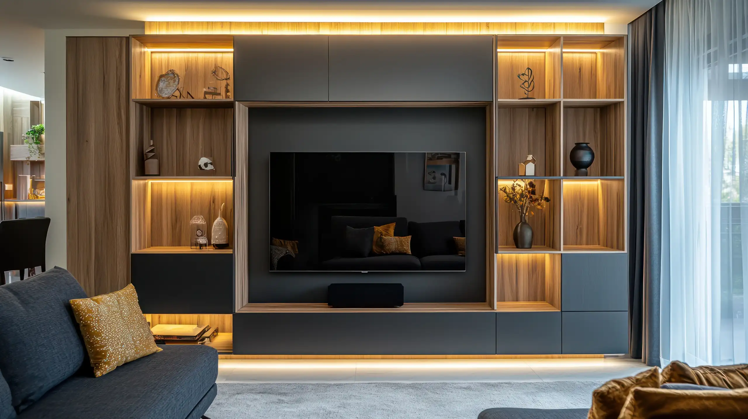 Built-in TV wall unit in navy and timber with LED-lit display shelving