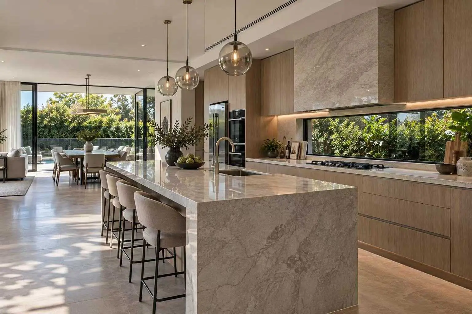 Open-plan modern kitchen with long marble island, upholstered bar stools, glass pendant lights, oak cabinets and garden window views