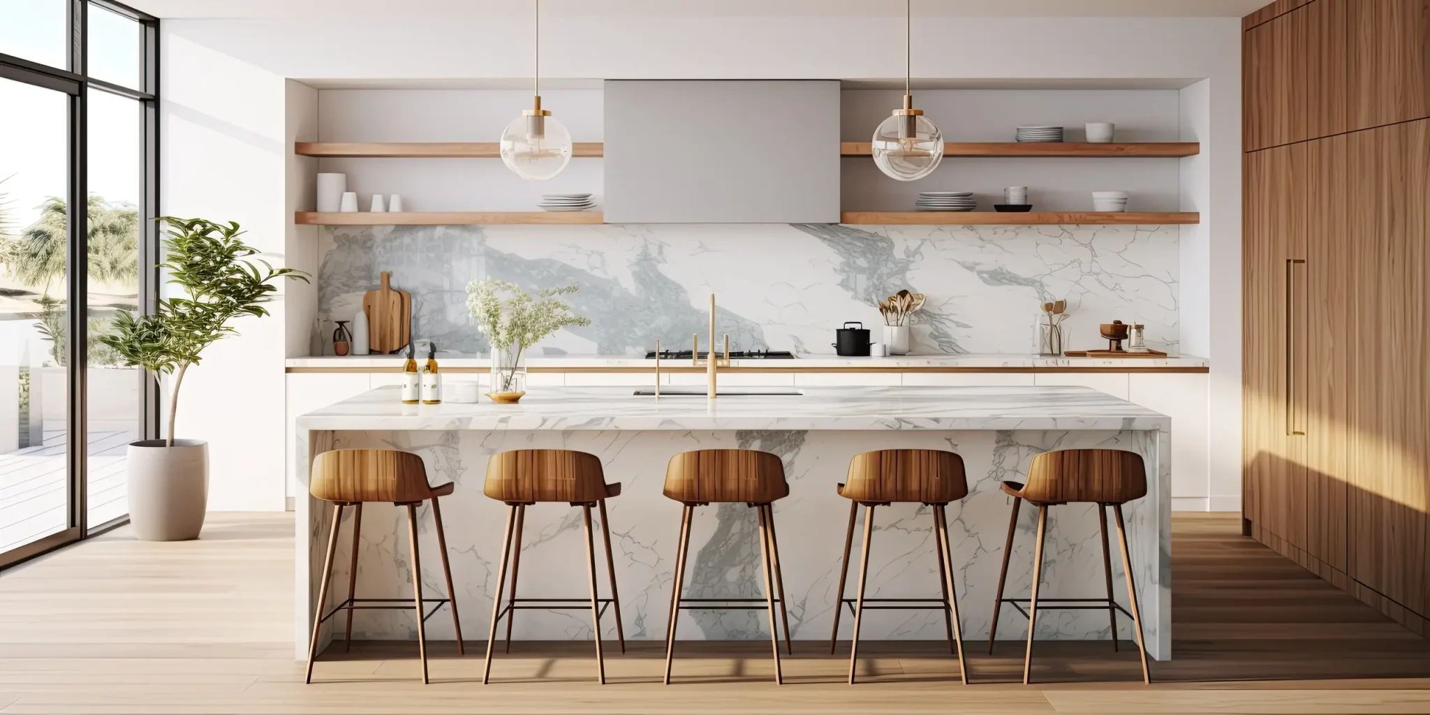 Marble kitchen island with timber barstools, open shelving and pendant lights above