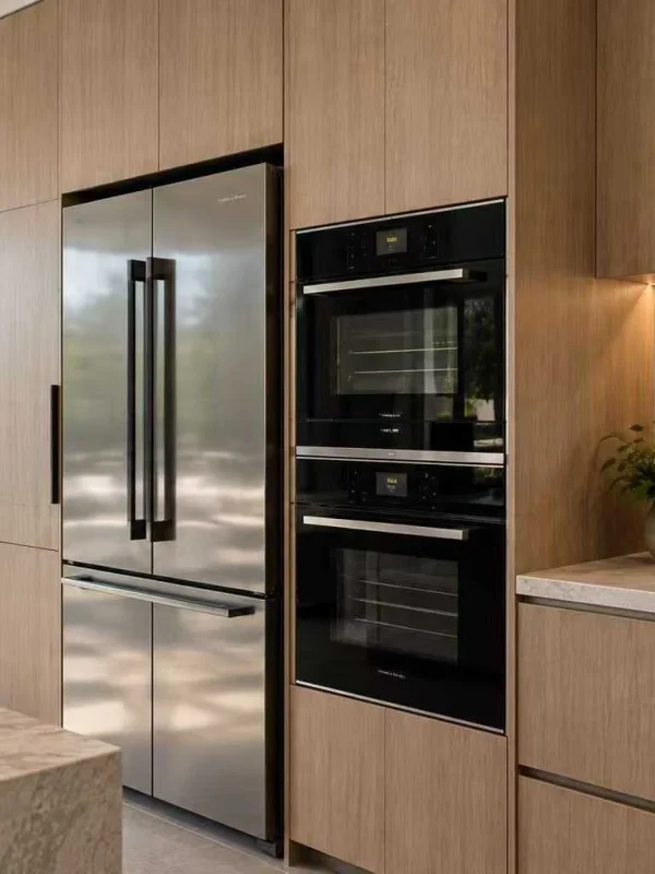 Modern kitchen with pale oak cabinets, stainless steel fridge, black double wall ovens, stone island and lit display shelves