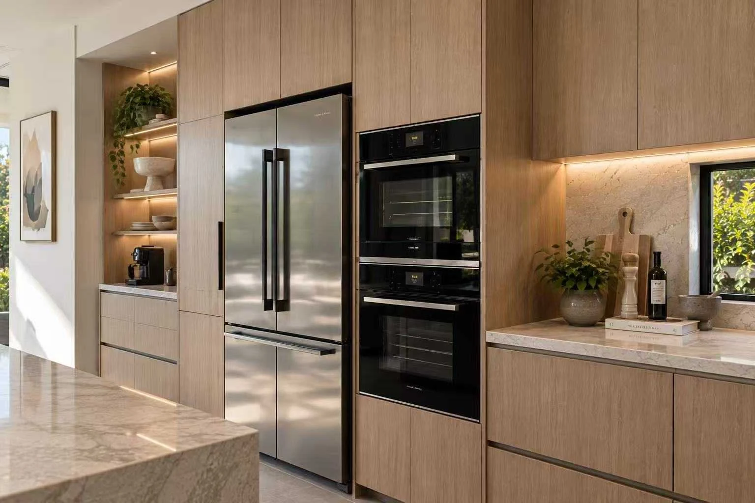 Modern kitchen with pale oak cabinets, stainless steel fridge, black double wall ovens, stone island and lit display shelves