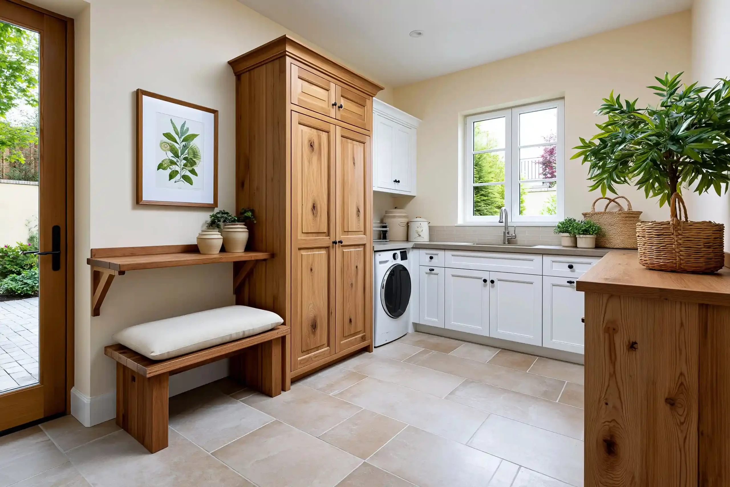 Oak utility room with a built-in bench seat, tall storage cabinet and concealed laundry appliances