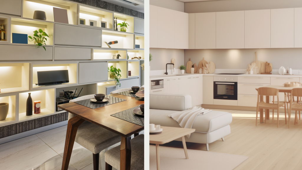 Open-plan kitchen, dining and living space finished with matching custom joinery