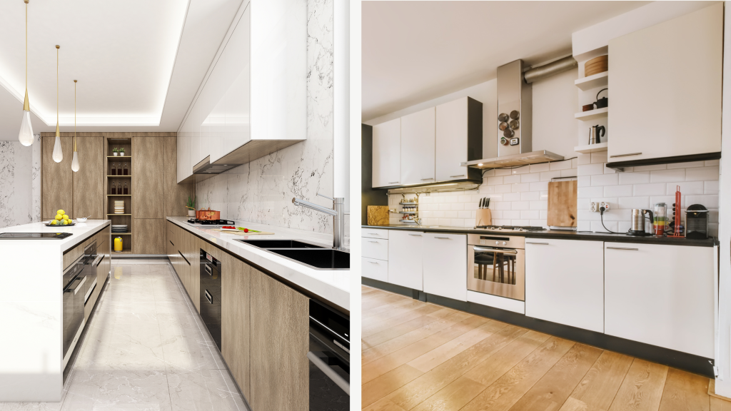 White galley kitchen alongside a timber and white kitchen with integrated appliances