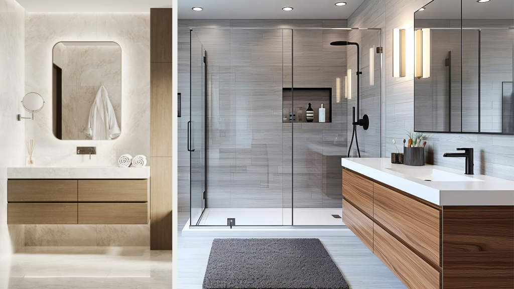 Timber vanity with a stone top and a walk-in shower in a custom bathroom fit-out