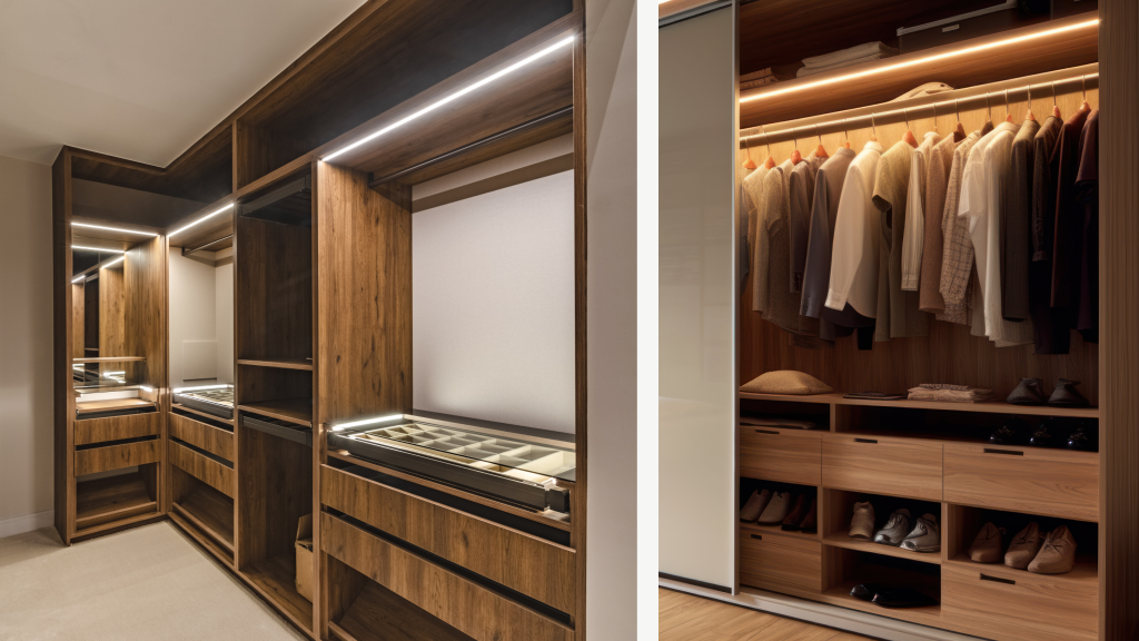 Fitted timber wardrobe with drawer banks beside a walk-in robe with hanging rails and shoe shelving