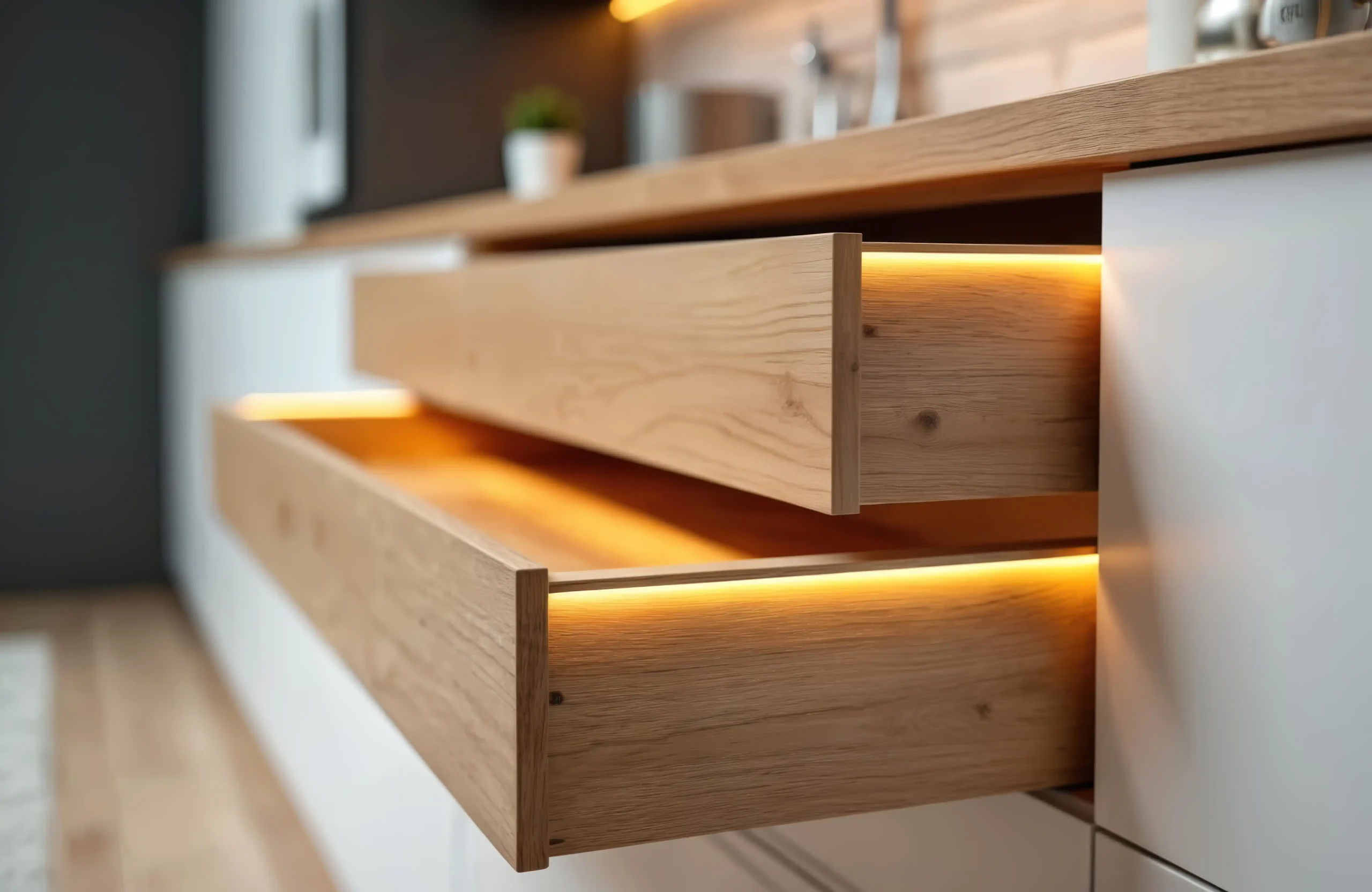 Close-up of an oak drawer front lit by a warm LED strip beneath the benchtop