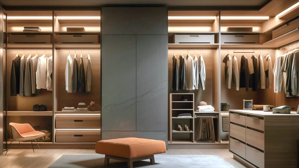 A spacious walk-in closet featuring warm wood cabinetry, hanging clothes, and an orange bench.