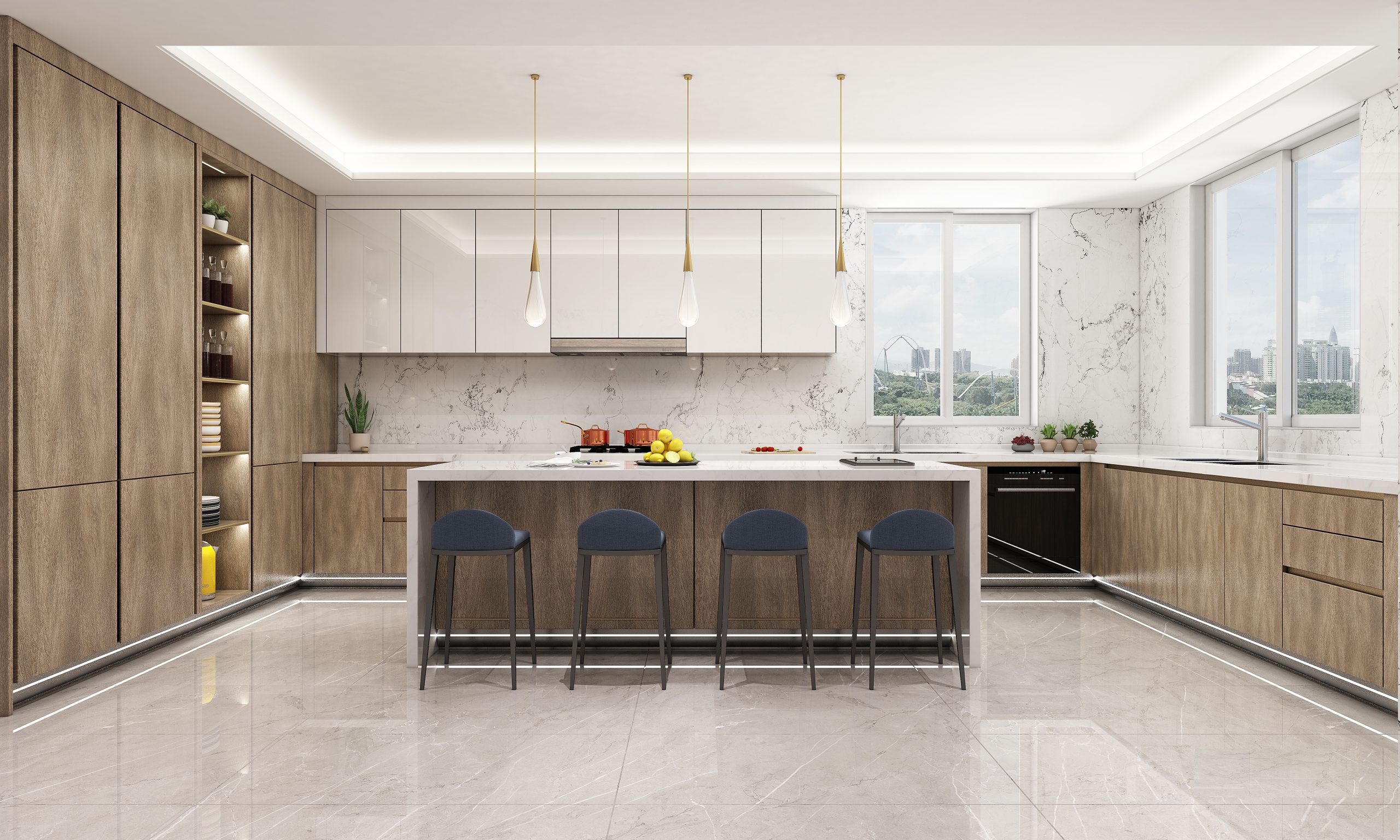 Custom kitchen with pale timber cabinetry, a long stone island and pendant lighting