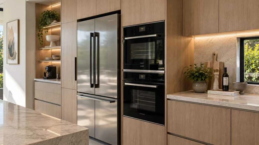 Modern kitchen with pale oak cabinets, stainless steel fridge, black double wall ovens, stone island and lit display shelves 16:9 aspect ratio